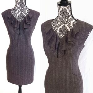 CLASSIQUES ENTIER Dress Zip Front V Neck Ruffle Cap Sleeve Tonal Gray Stripe 2